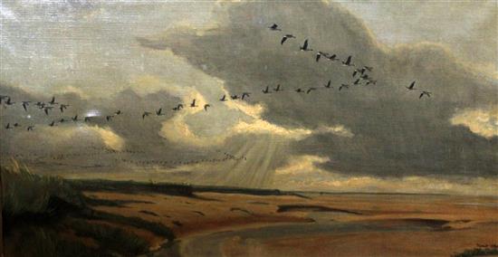 Peter Scott (1909-1989), oil on canvas, Geese in flight over the Solway Firth, 21 x 39in